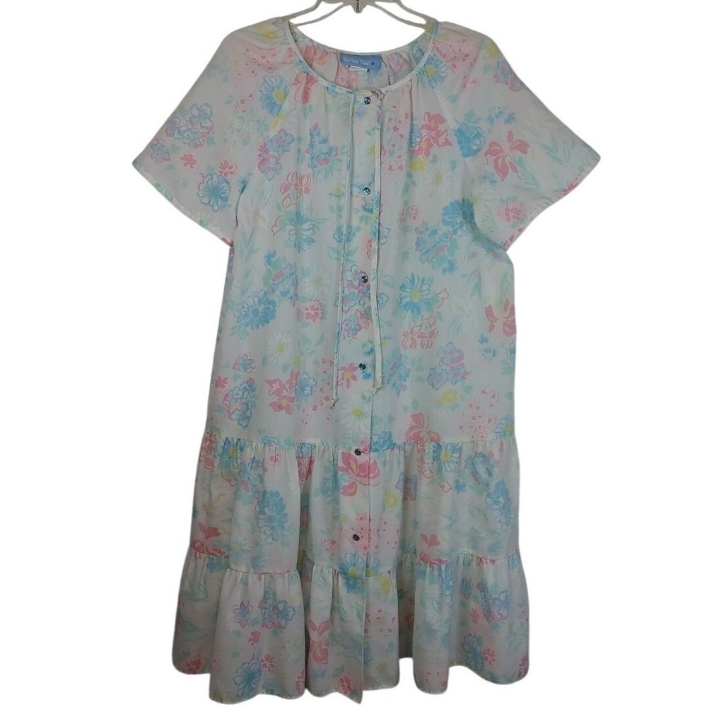 Coffee Time Pastel Floral Granny Lite Tiered House Dress Button Robe Midi L